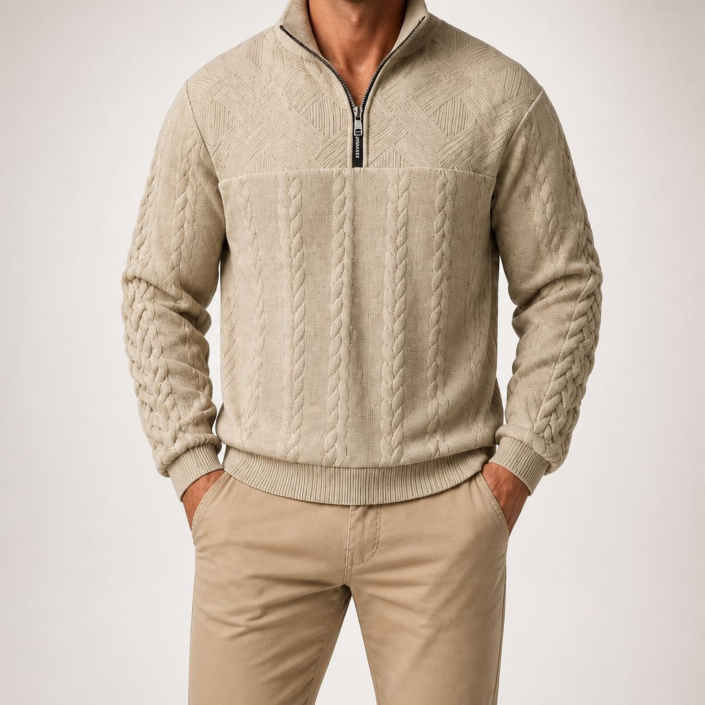 Dashiell | Mens Retro Casual Knitted Pullover Zip Shirt, Khaki