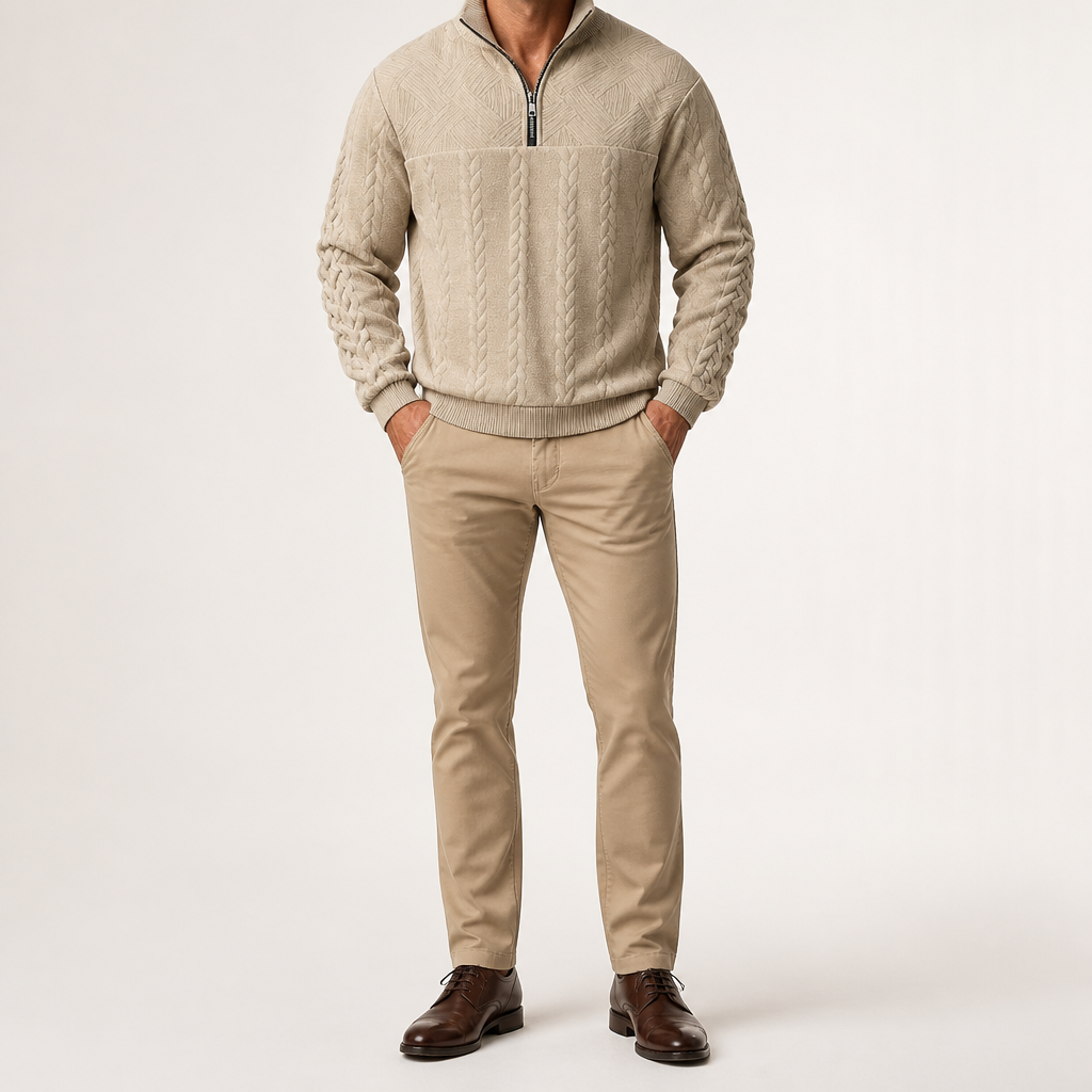 Dashiell | Mens Retro Casual Knitted Pullover Zip Shirt, Khaki