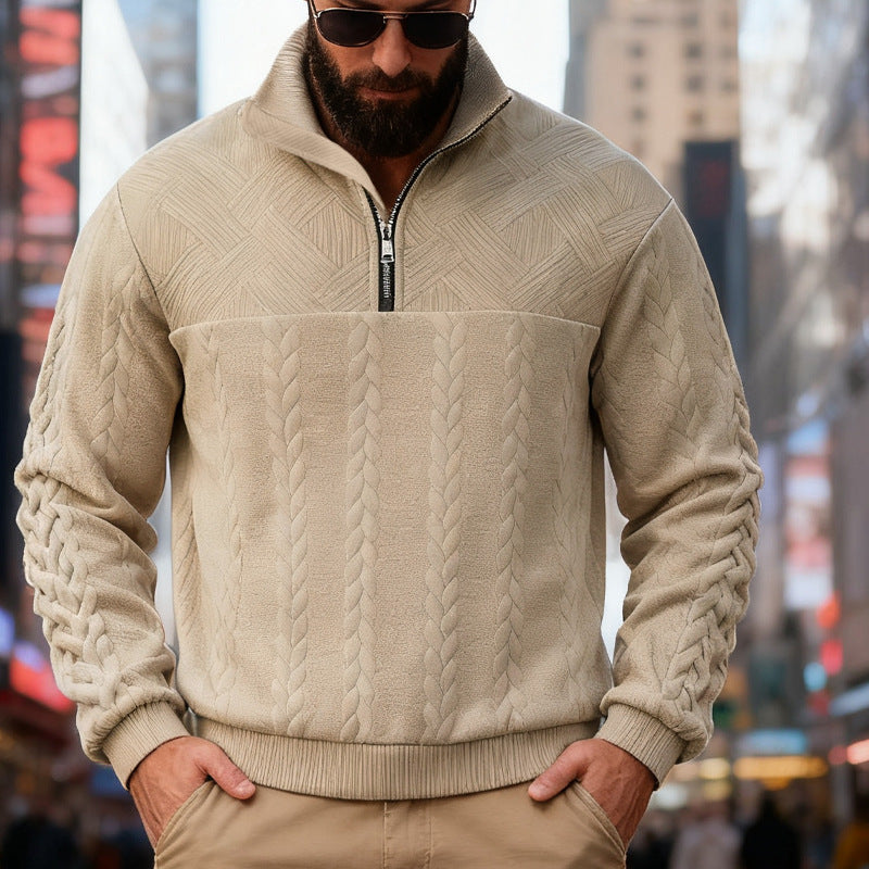 Dashiell | Mens Retro Casual Knitted Pullover Zip Shirt - Khaki