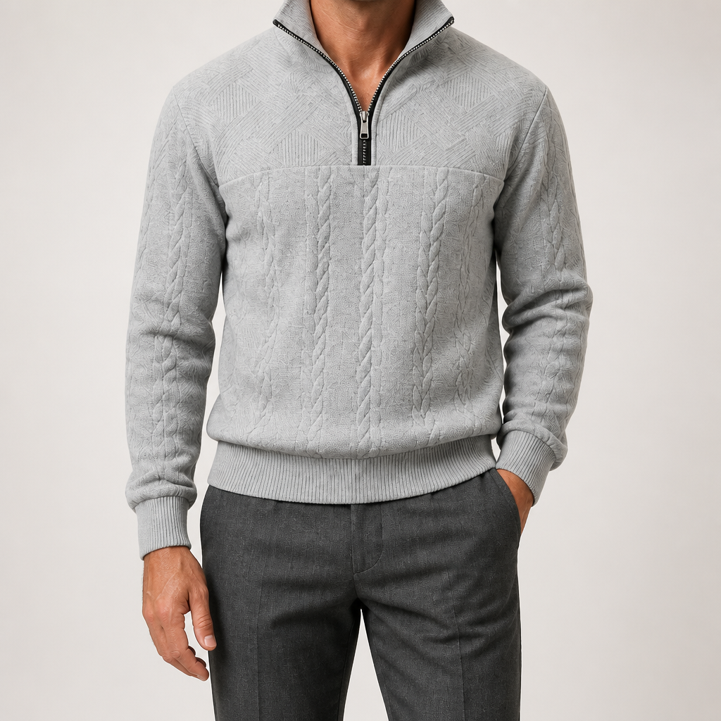 Dashiell | Mens Retro Casual Knitted Pullover Zip Shirt, Light Grey