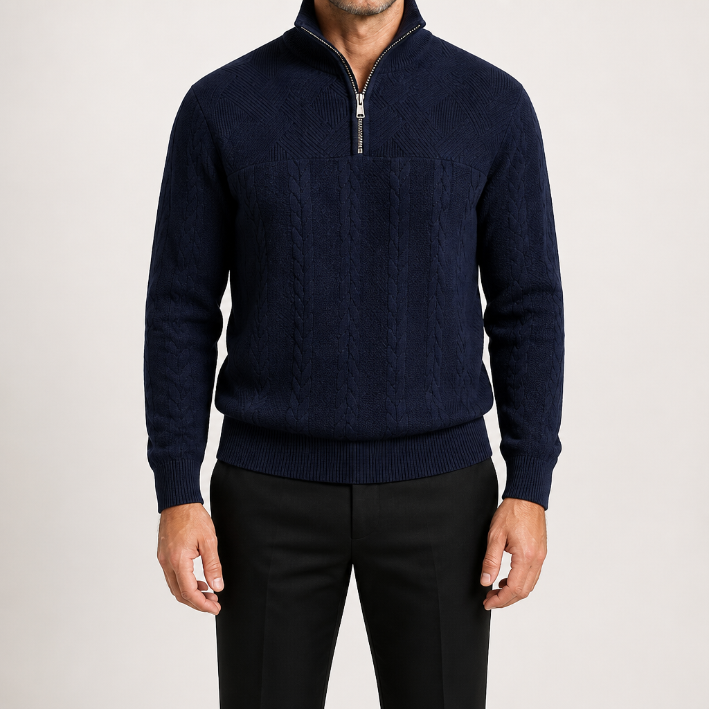 Dashiell | Mens Retro Casual Knitted Pullover Zip Shirt, Navy