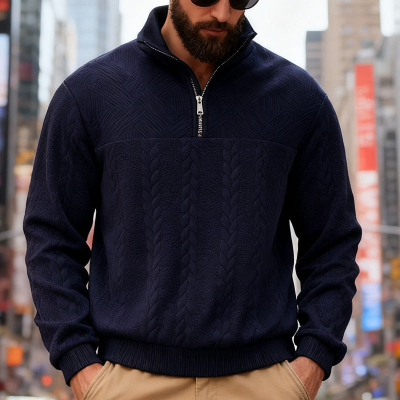 Dashiell | Mens Retro Casual Knitted Pullover Zip Shirt - Navy