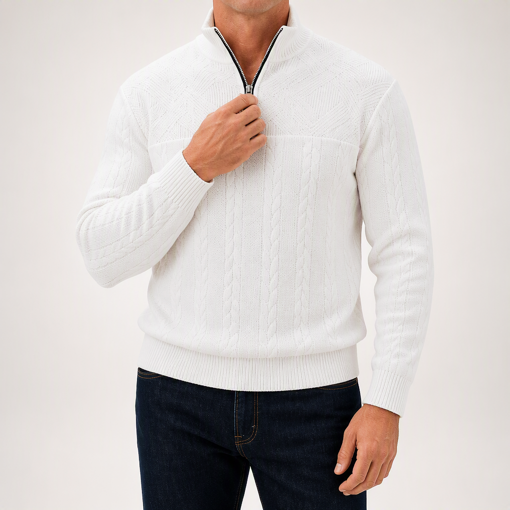Dashiell | Mens Retro Casual Knitted Pullover Zip Shirt, White