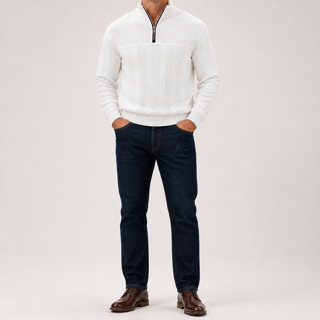 Dashiell | Mens Retro Casual Knitted Pullover Zip Shirt, White
