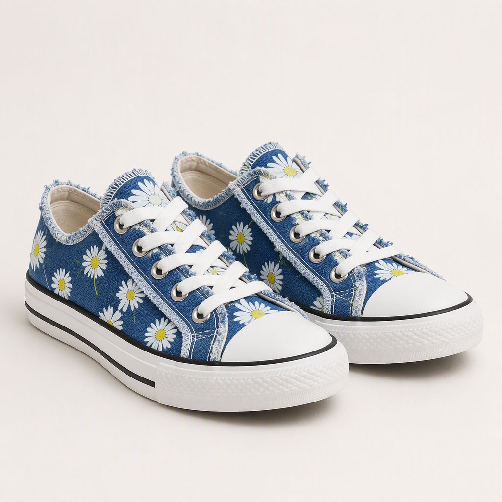 Delia | Womens Trainers Canvas Sneakers Printed Lace Up Flat Shoes, Daisy