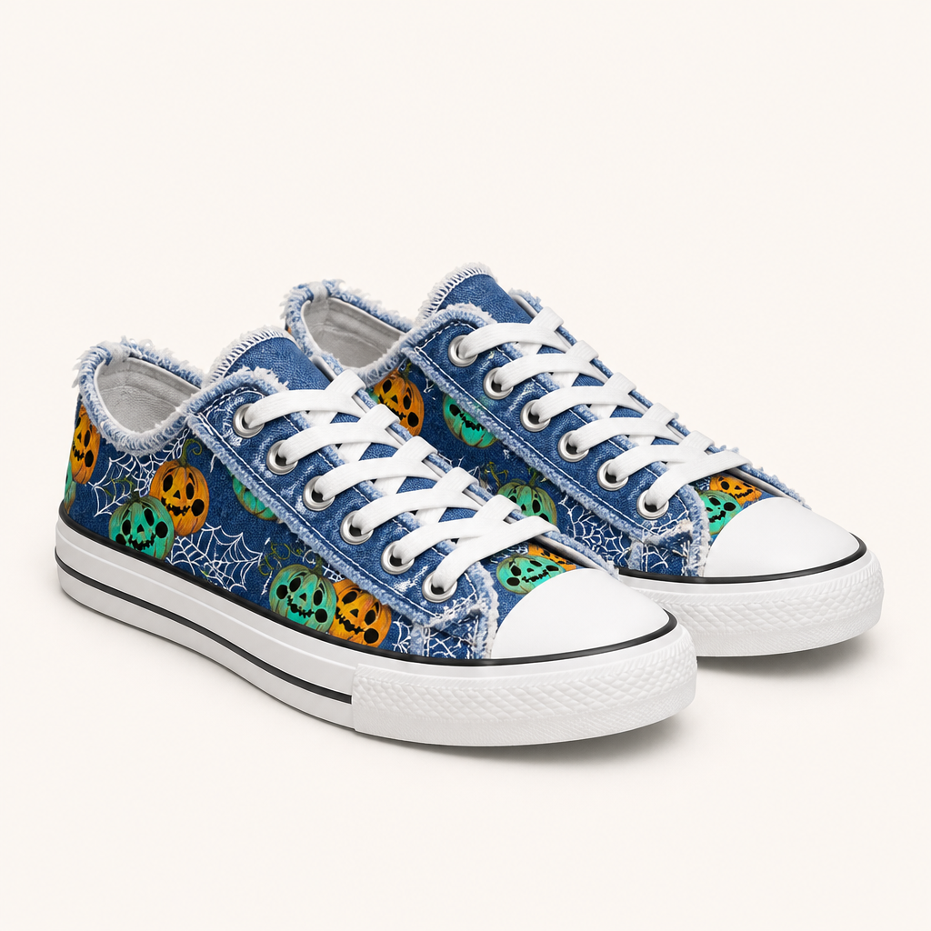 Delia | Womens Trainers Canvas Sneakers Printed Lace Up Flat Shoes, Pumpkin