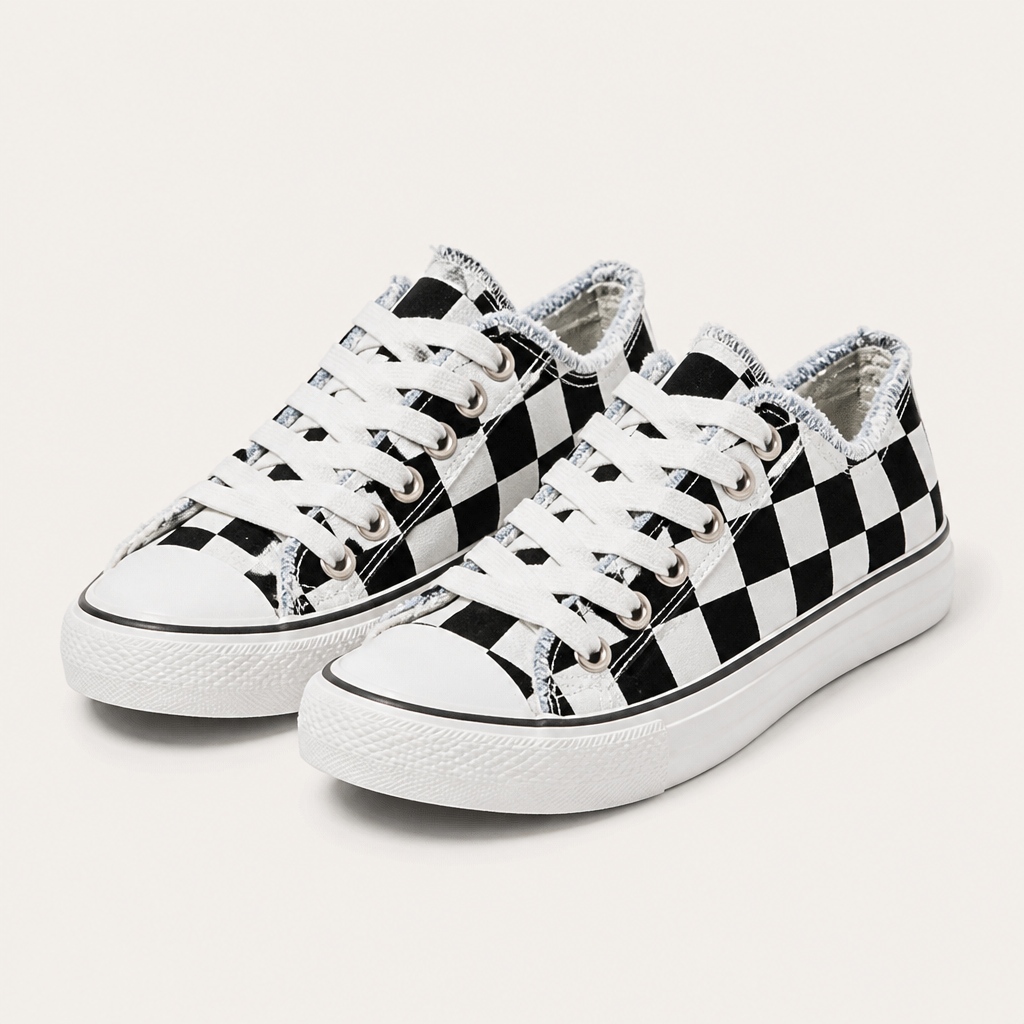 Delia | Womens Trainers Canvas Sneakers Printed Lace Up Flat Shoes, Square