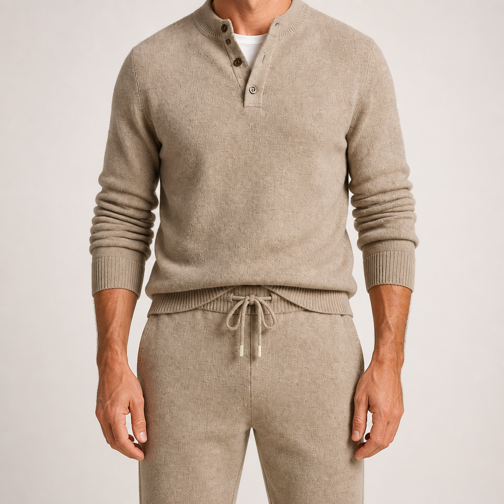 Della | Mens Knitted Tracksuit Two Piece Set Hooded Cardigan Joggers Wool, Camel 2