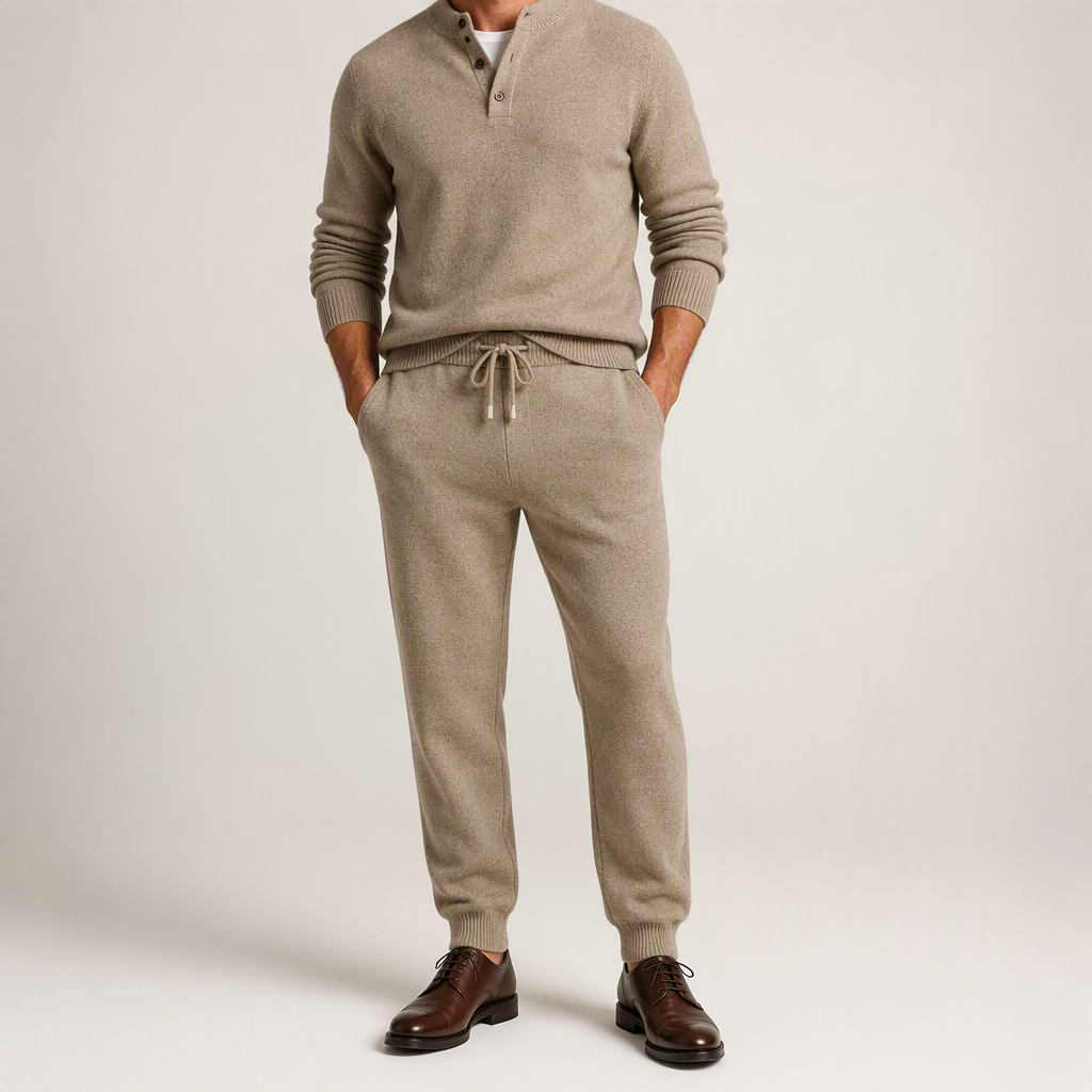 Della | Mens Knitted Tracksuit Two Piece Set Hooded Cardigan Joggers Wool, Camel 2
