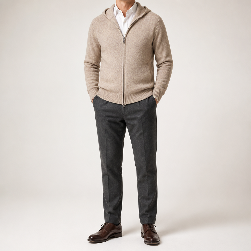 Della | Mens Knitted Tracksuit Two Piece Set Hooded Cardigan Joggers Wool, Camel