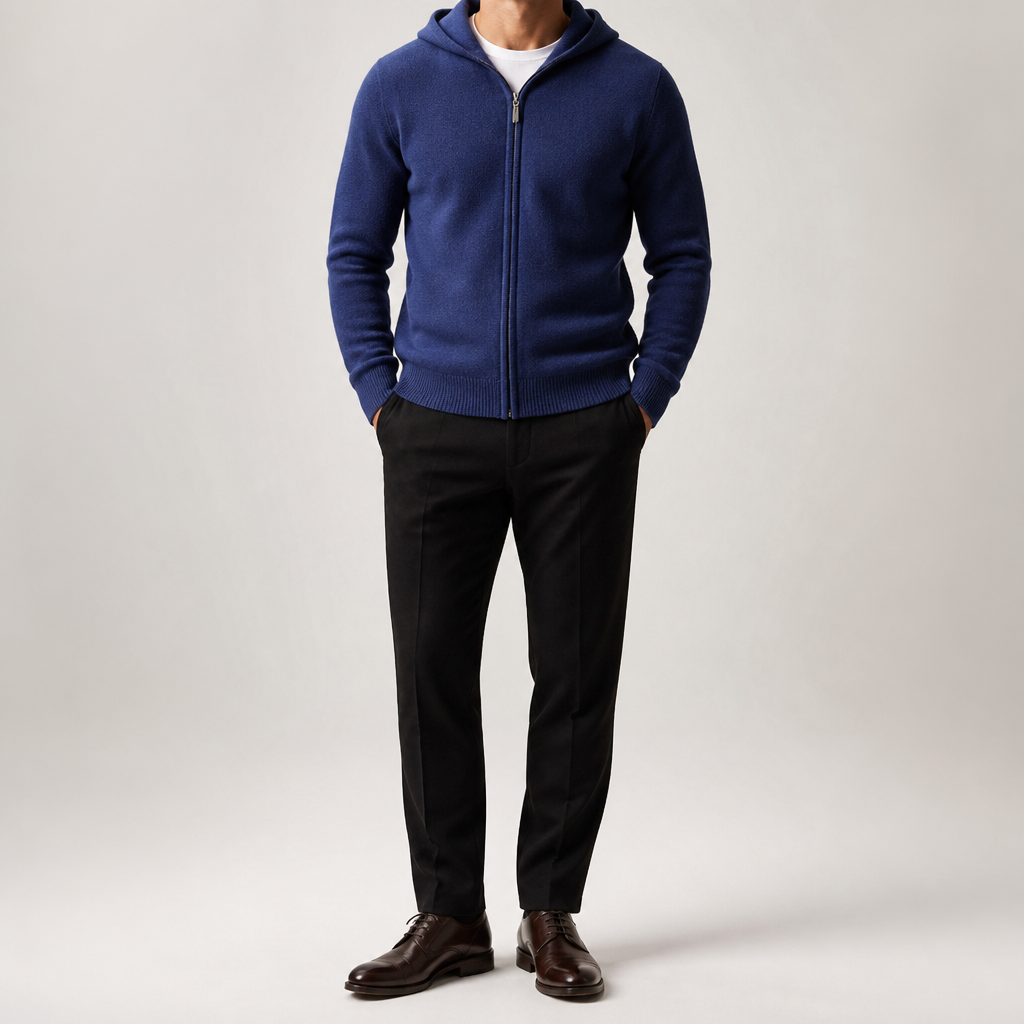 Della | Mens Knitted Tracksuit Two Piece Set Hooded Cardigan Joggers Wool, Navy Blue
