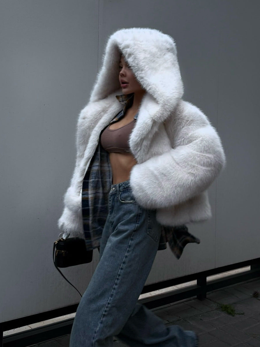 Delphine | Womens Hooded Fluffy Winter Faux Fur Jacket