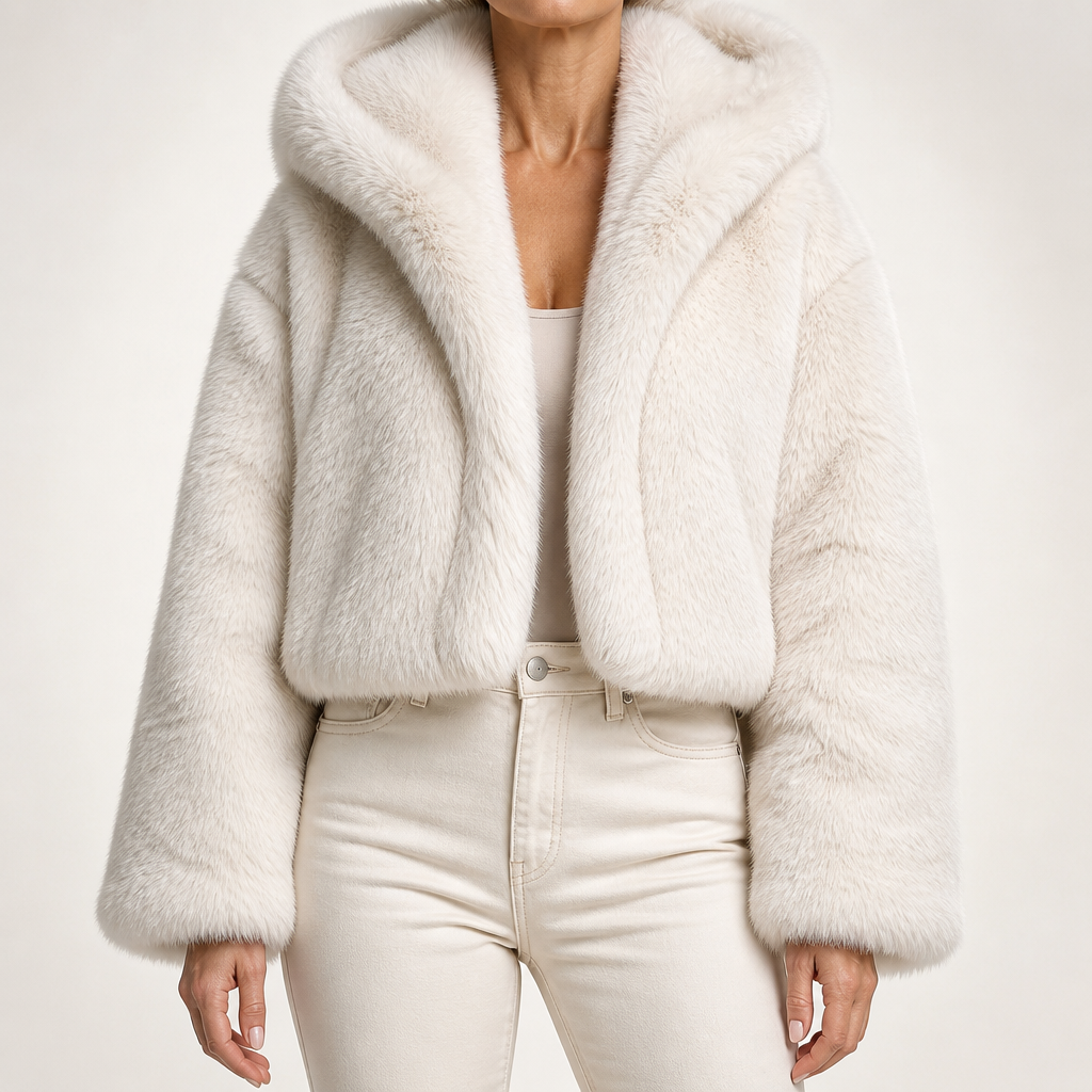 Delphine | Womens Faux Fur Coat Winter Coats Hooded Fluffy Teddy Cropped Jacket, Apricot