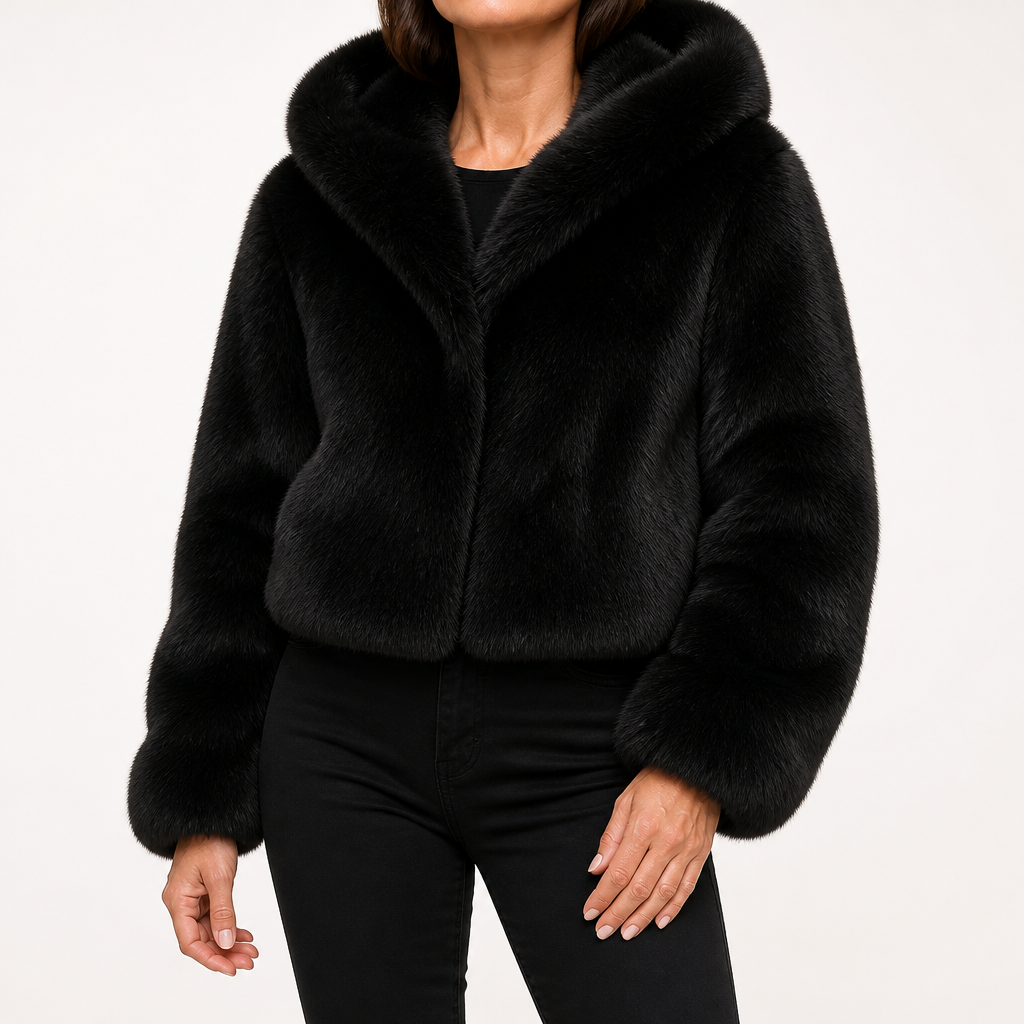 Delphine | Womens Faux Fur Coat Winter Coats Hooded Fluffy Teddy Cropped Jacket, Black