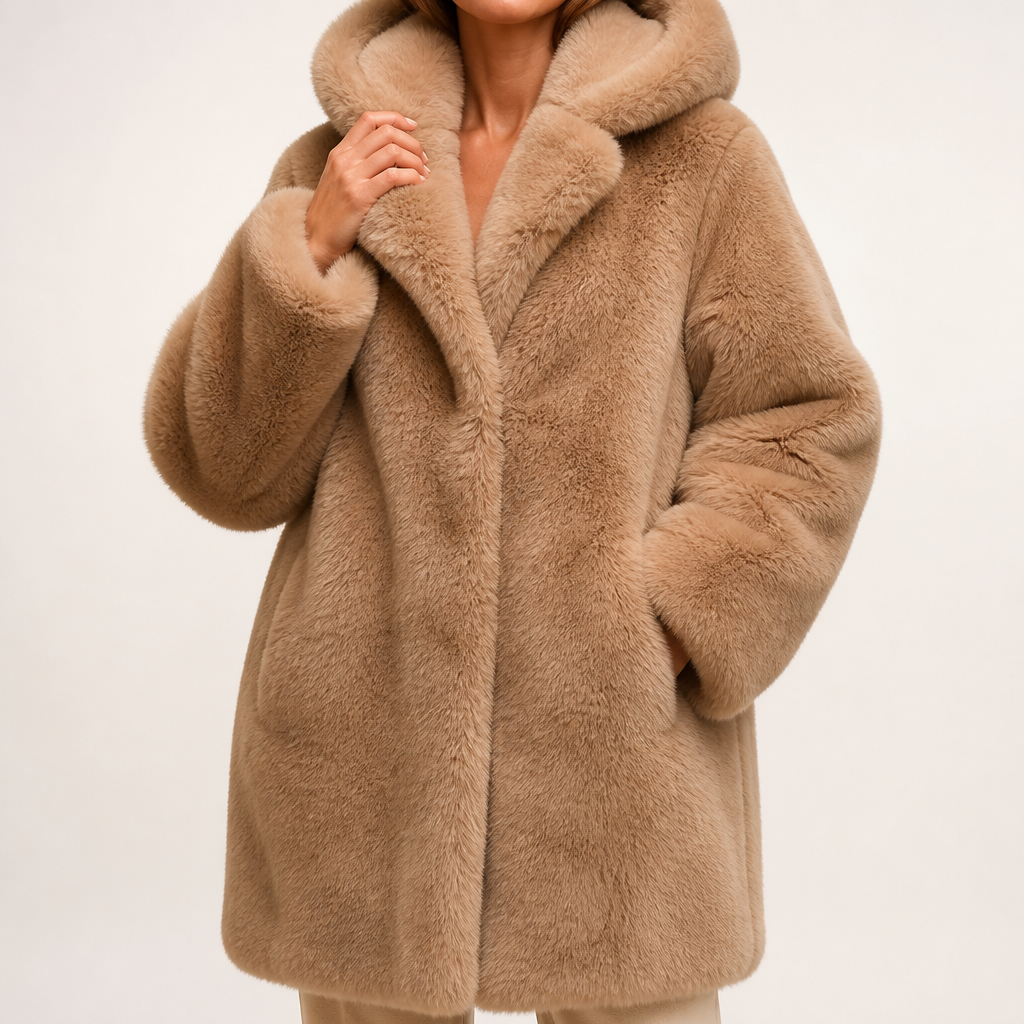 Delphine | Womens Faux Fur Coat Winter Coats Hooded Fluffy Teddy Cropped Jacket, Light Brown