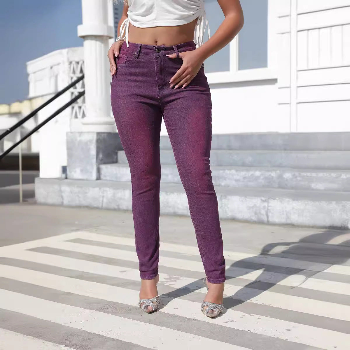 Delphine | Womens Purple High Waisted Skinny Stretch Denim Jeans - 1