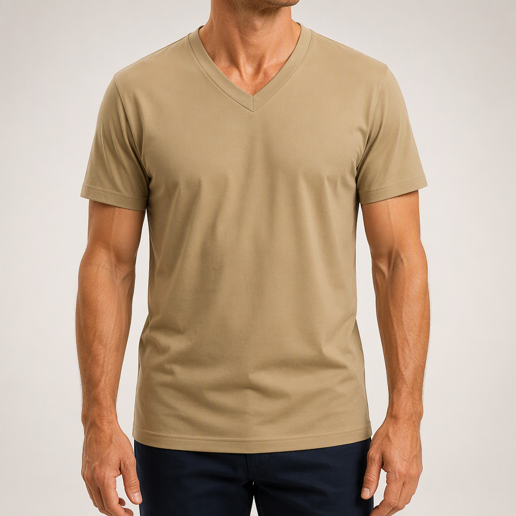 Donovan | Mens American V Neck Short Sleeve Casual T Shirt, Khaki
