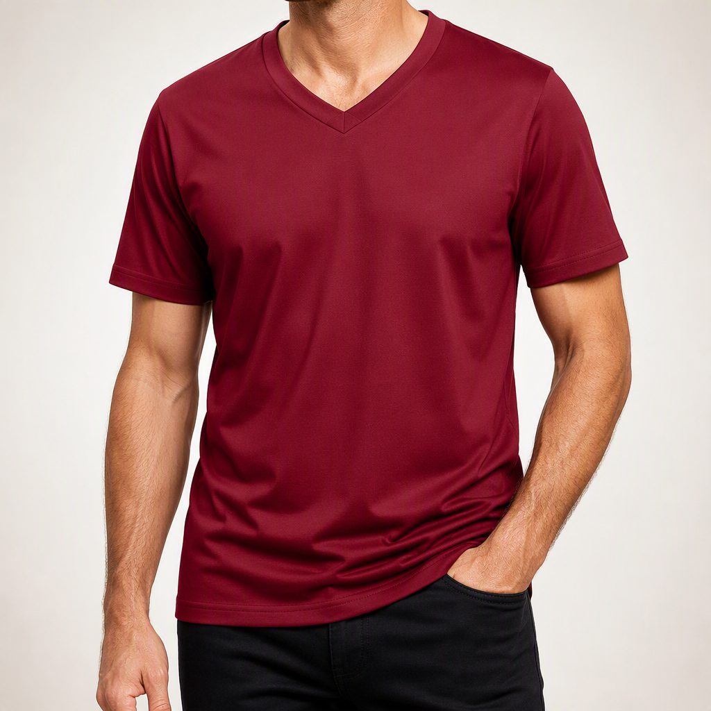 Donovan | Mens American V Neck Short Sleeve Casual T Shirt, Wine Red