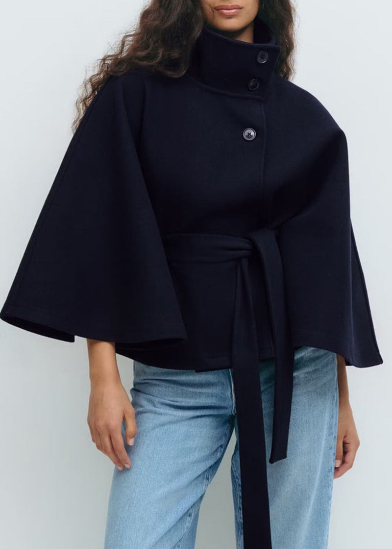 Dora | Womens Belted Cape Trench Coat, Navy Blue