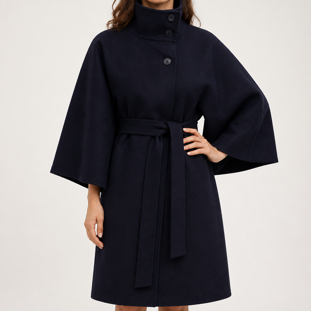Dora | Womens Belted Cape Trench Coat, Navy Blue