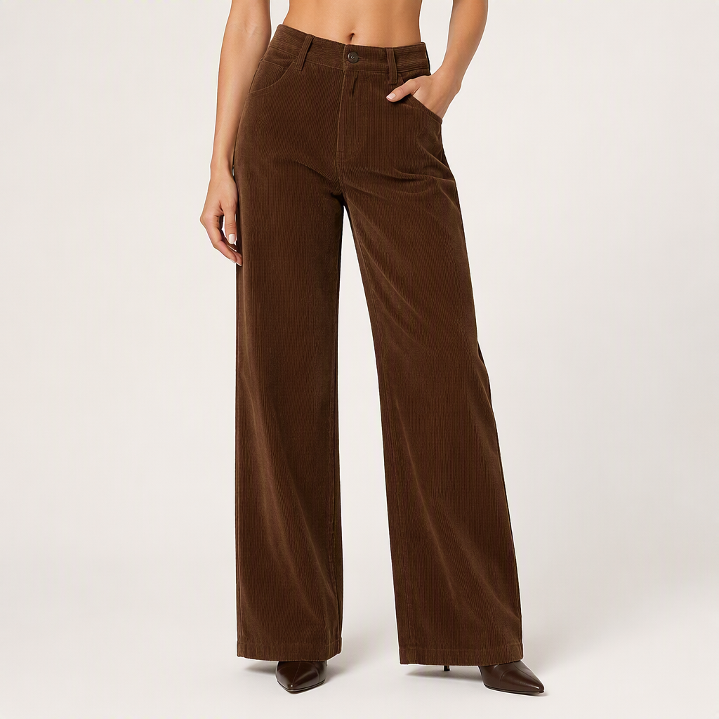 Dulcie | Womens Wide Leg Corduroy Brown Casual Work Trousers, Brown