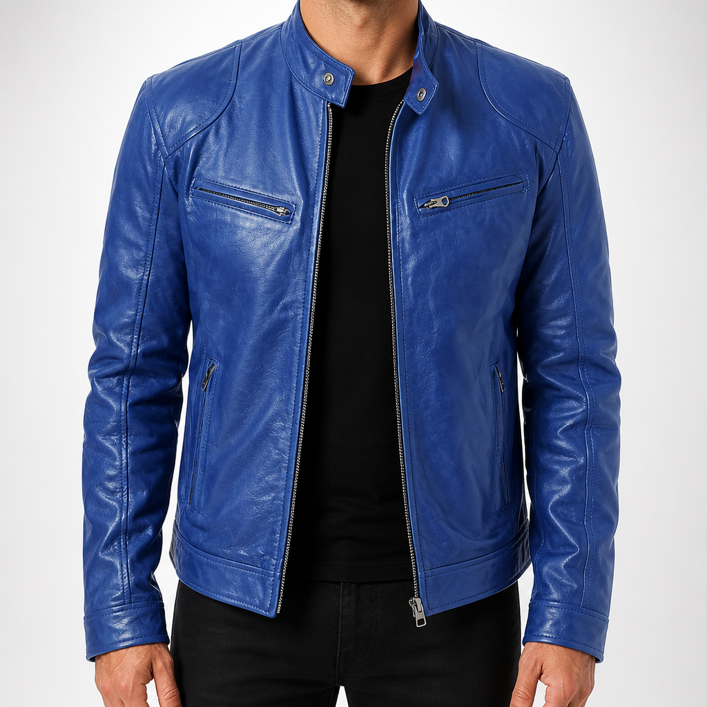 Duncan | Mens Slim Fit Faux Leather Winter Black Biker Brown Jacket, Royal Blue