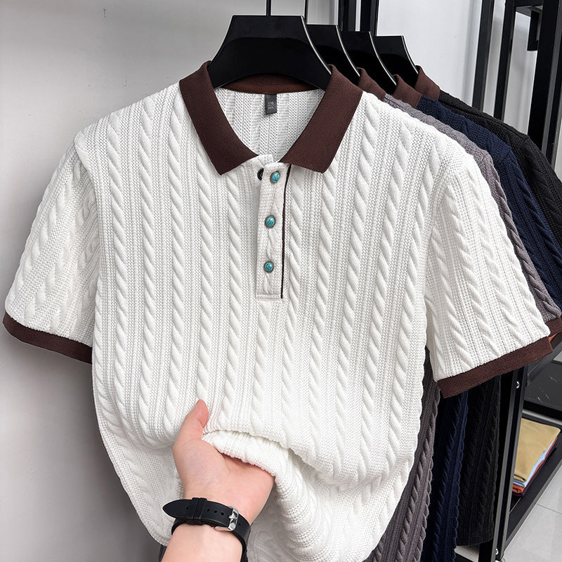 Edgar | Mens Short Sleeve Cable Knit Business Casual Collared T-Shirt - 1