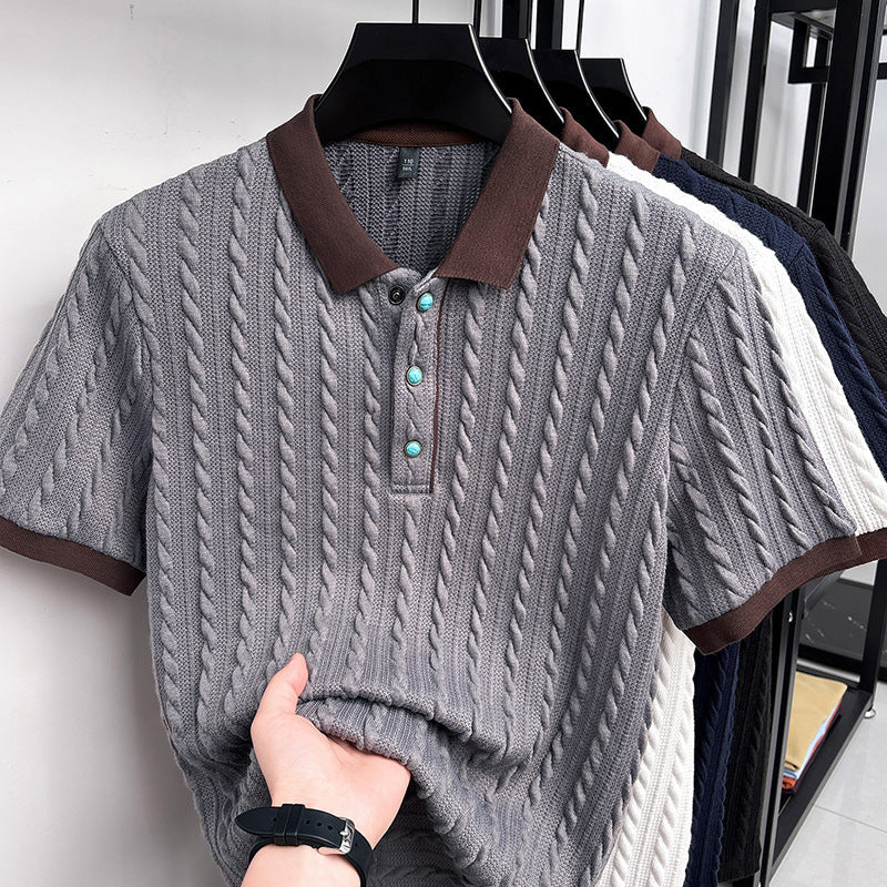 Edgar | Mens Short Sleeve Cable Knit Business Casual Collared T-Shirt - 2
