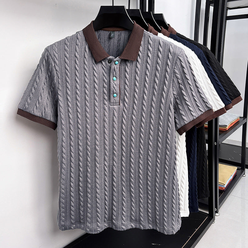 Edgar | Mens Short Sleeve Cable Knit Business Casual Collared T-Shirt - Grey