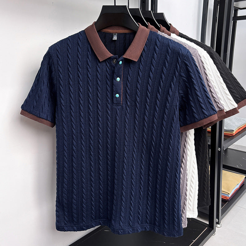Edgar | Mens Short Sleeve Cable Knit Business Casual Collared T-Shirt - Navy
