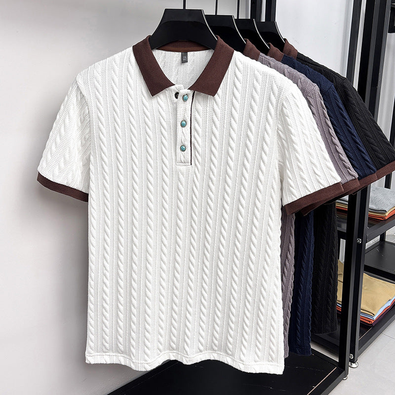 Edgar | Mens Short Sleeve Cable Knit Business Casual Collared T-Shirt - White