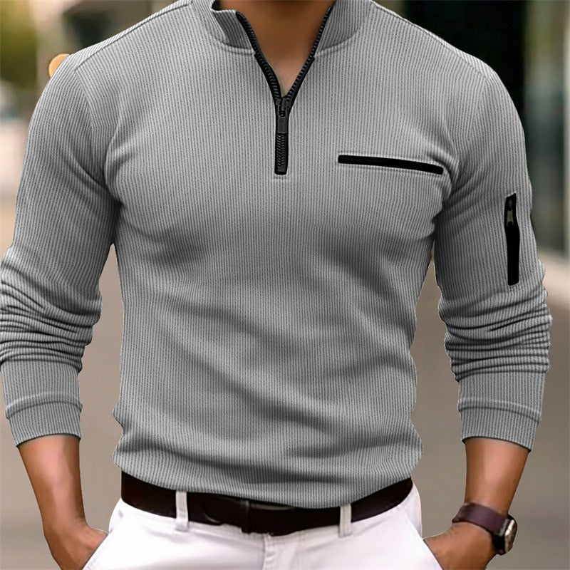 Edmund | Mens Striped Arm Zip Polo Shirt Long Sleeve Sports Top - 4