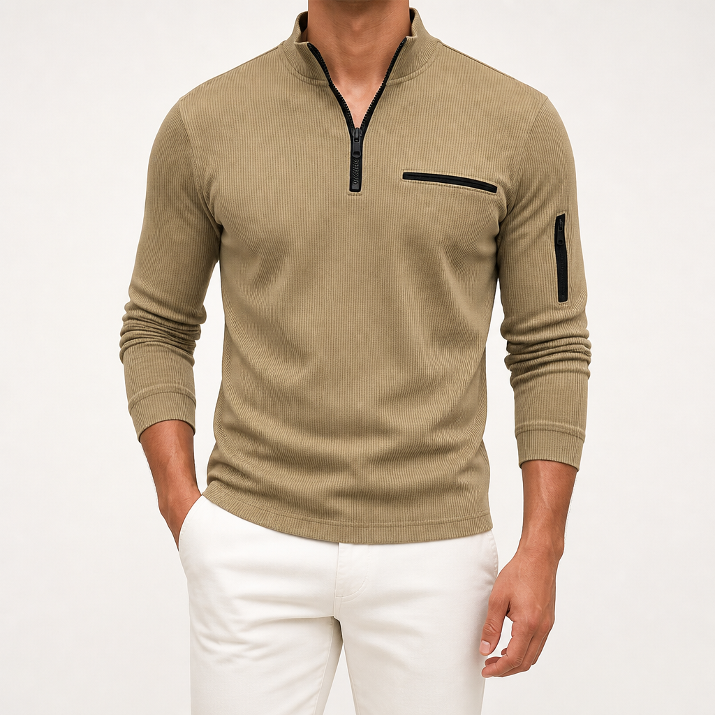 Edmund | Mens Polo Shirt Striped Arm Zip Long Sleeve Sports Top, Khaki