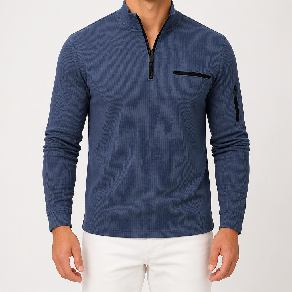 Edmund | Mens Polo Shirt Striped Arm Zip Long Sleeve Sports Top, Navy Blue