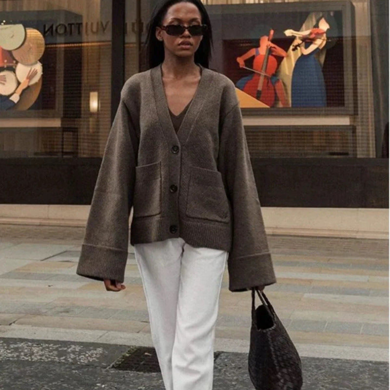 Effie | Womens Knitted Button Sweater Cardigan, Brown