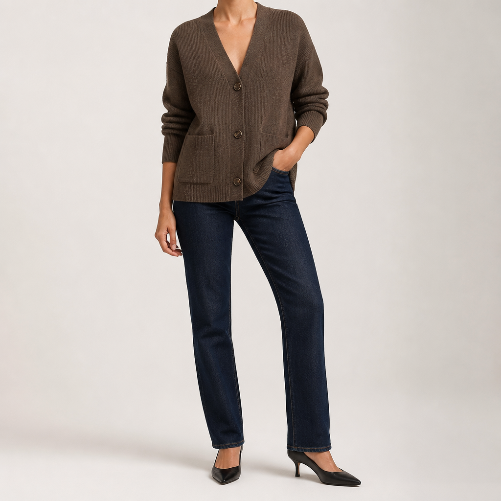 Effie | Womens Knitted Button Jumper Long Cardigan, Brown