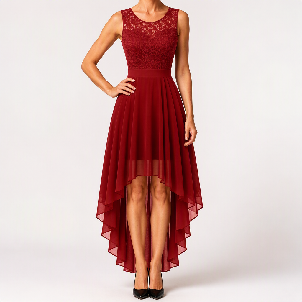 Eleanor | Womens Cocktail Lace Midi Wedding Guest Evening Formal Long Elegant Dresses, Red