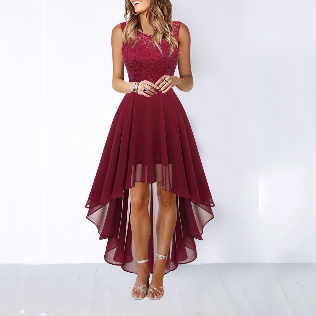 Eleanor | Womens Cocktail Lace Midi Wedding Guest Evening Formal Long Elegant Dresses - Wine Red