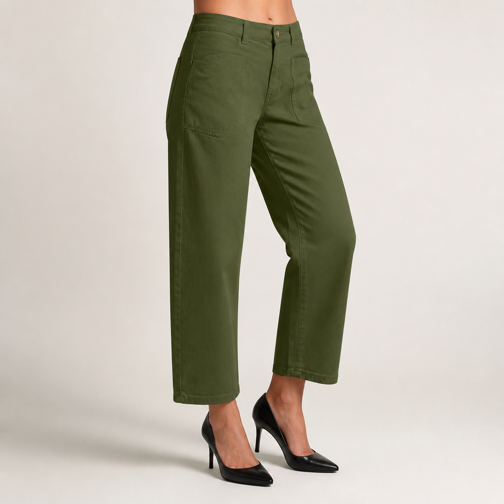 Elin | Womens High Waisted Wide Leg Cropped Trousers Pants, Army Green