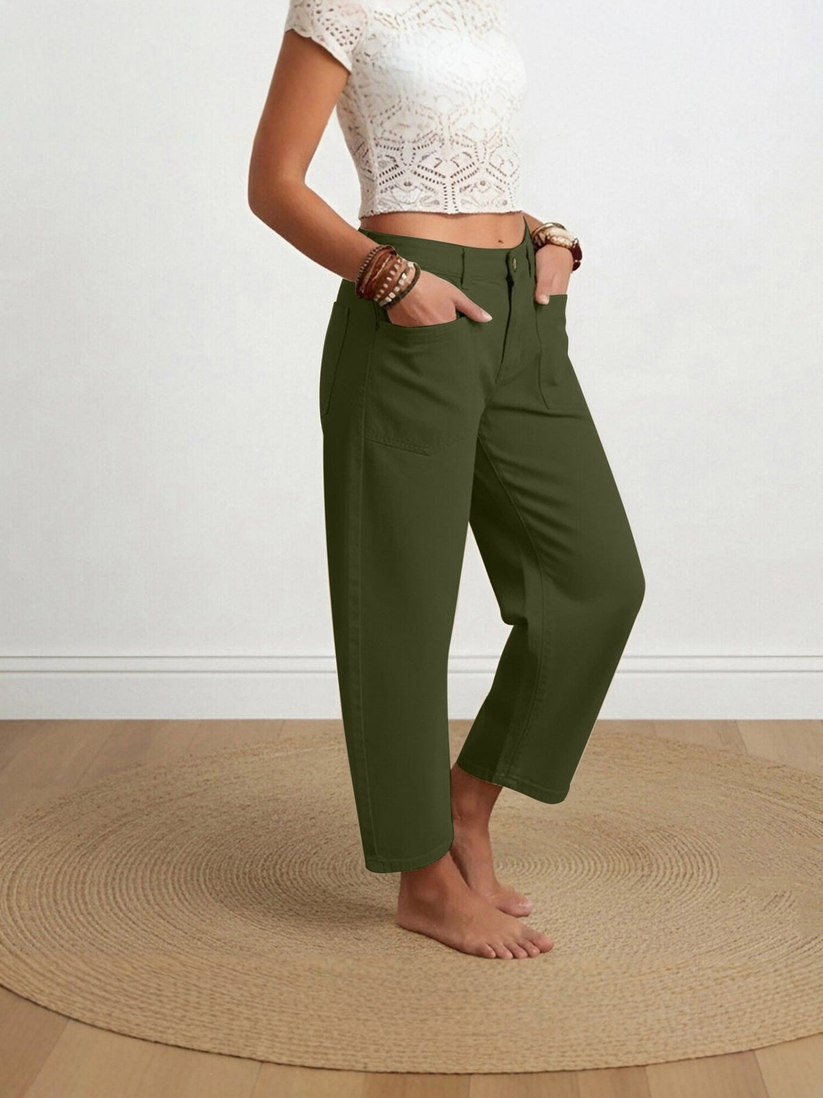 Elin | Womens High Waisted Wide Leg Cropped Trousers Pants - Army Green