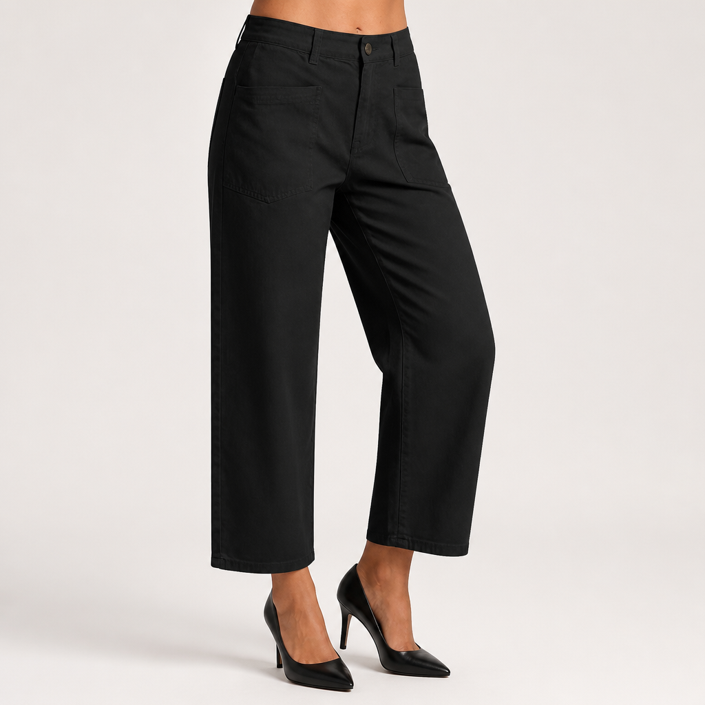Elin | Womens High Waisted Wide Leg Cropped Trousers Pants, Black