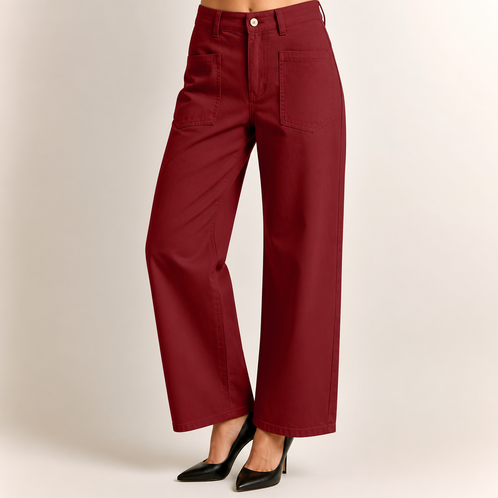 Elin | Womens High Waisted Wide Leg Cropped Trousers Pants, Deep Red