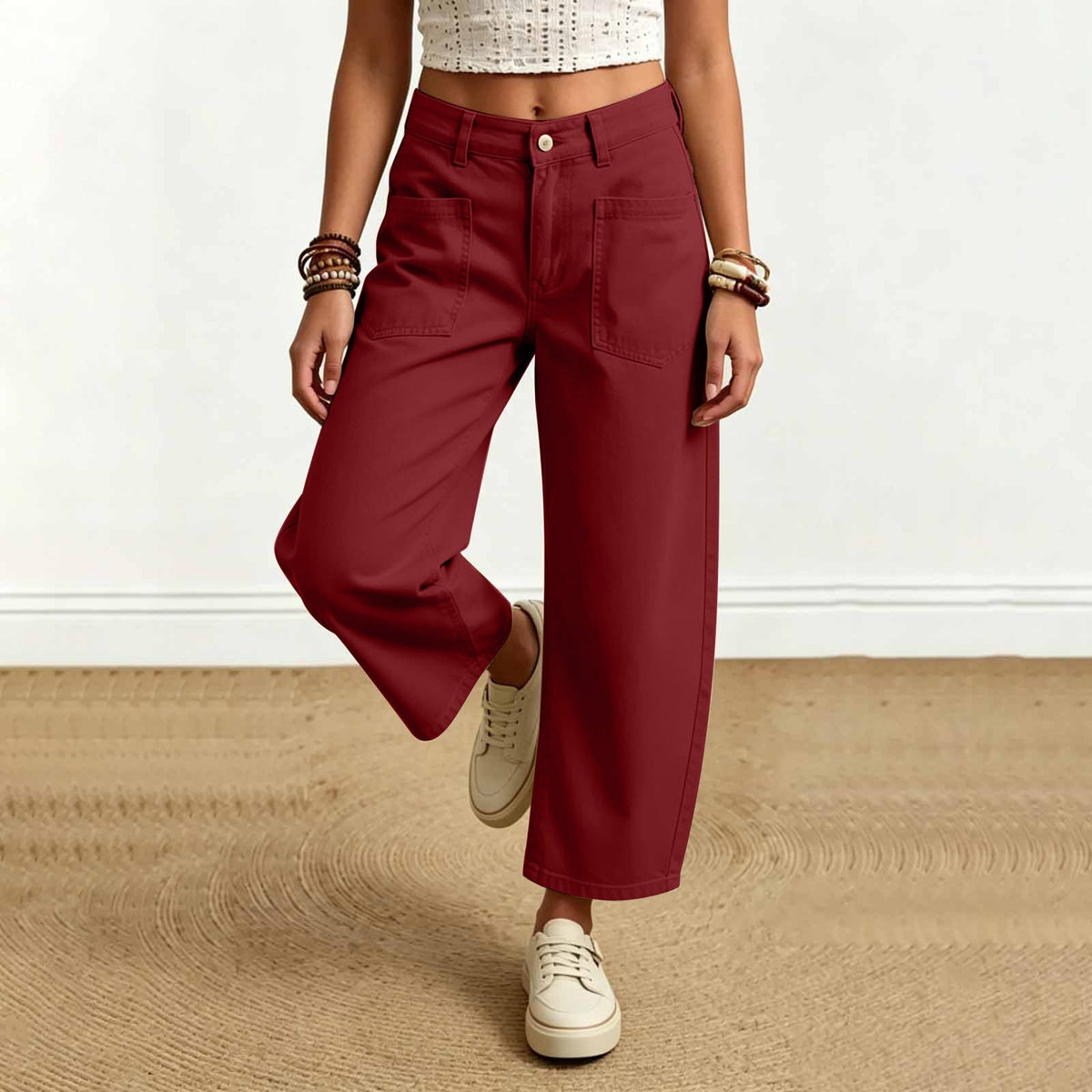 Elin | Womens High Waisted Wide Leg Cropped Trousers Pants - Deep Red