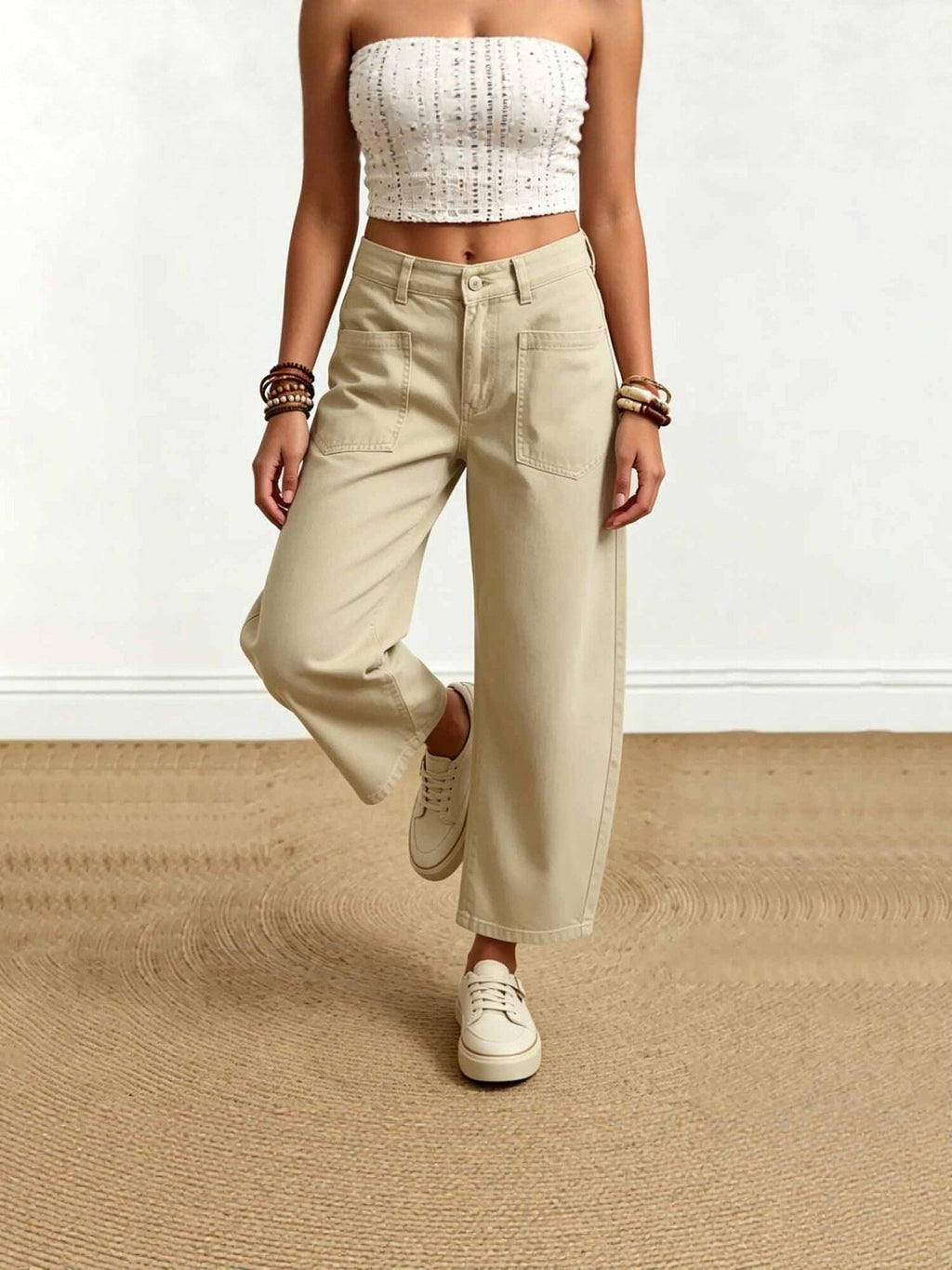 Elin | Womens High Waisted Wide Leg Cropped Trousers Pants - Khaki