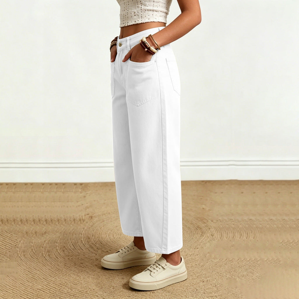 Elin | Womens High Waisted Wide Leg Cropped Trousers Pants - White