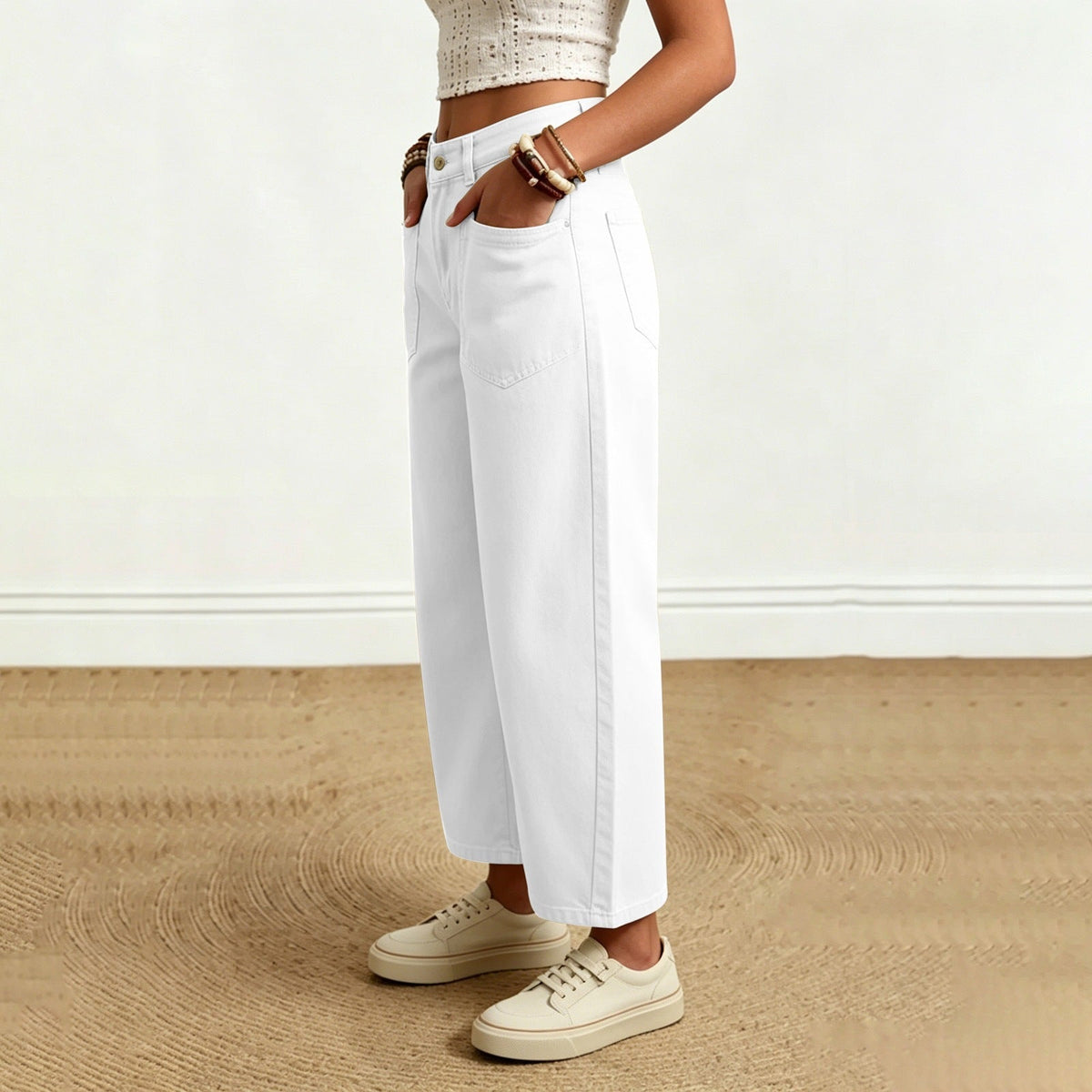 Elin | Womens High Waisted Wide Leg Cropped Trousers Pants - White