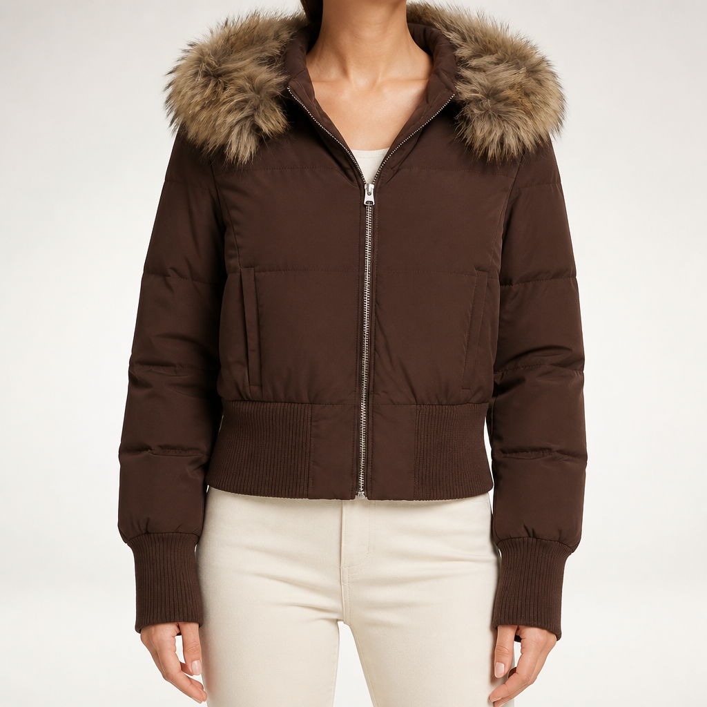 Elodie | Womens Fur Collar Hooded Padded Puffer Jacket, Brown