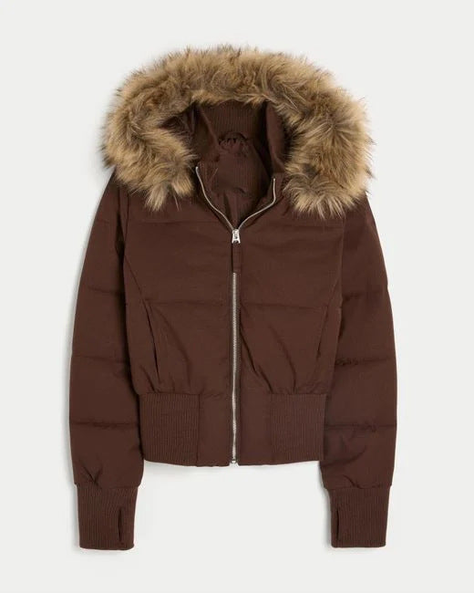 Elodie | Womens Fur Collar Hooded Padded Jacket - Brown