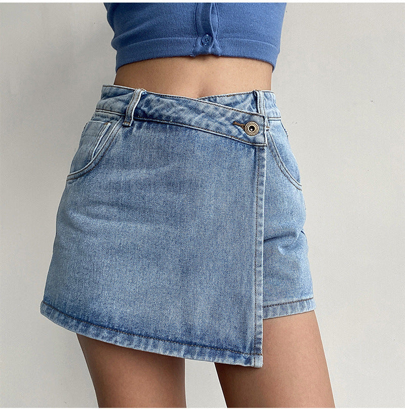 Elodie | Womens High Waisted Denim Skort Skirt Shorts - Light Blue