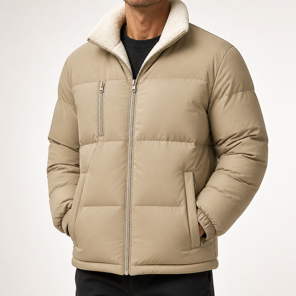 Elowen | Mens Fleece Lamb Wool Warm Thick Stand Collar Winter Top, Khaki